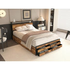 Queen Size Platform Bed with LED Lights, Charging Station & 8 Drawers