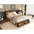 Queen Size Platform Bed with LED Lights, Charging Station & 8 Drawers