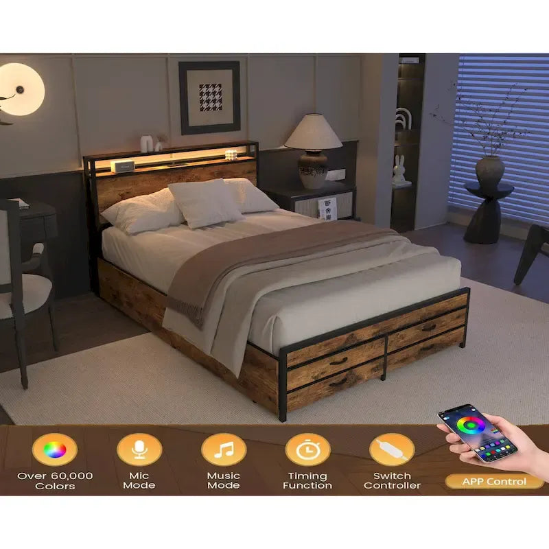 Queen Size Platform Bed with LED Lights, Charging Station & 8 Drawers