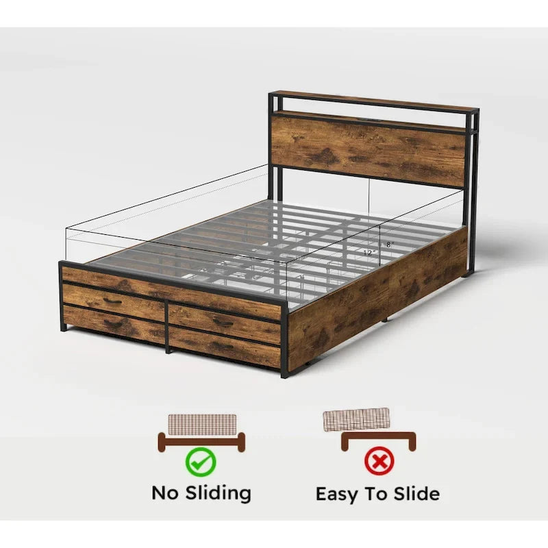 Queen Size Platform Bed with LED Lights, Charging Station & 8 Drawers