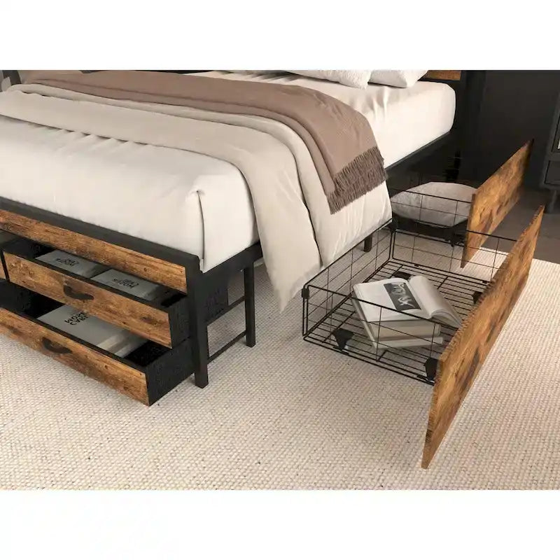 Queen Size Platform Bed with LED Lights, Charging Station & 8 Drawers