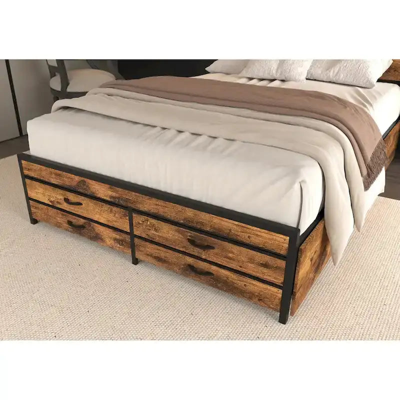 Queen Size Platform Bed with LED Lights, Charging Station & 8 Drawers