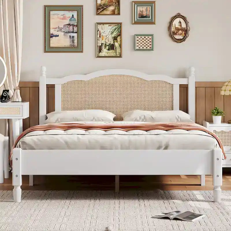 Queen Wood Platform Bed with Rattan Headboard & Arc Base