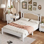 Queen Wood Platform Bed with Rattan Headboard & Arc Base