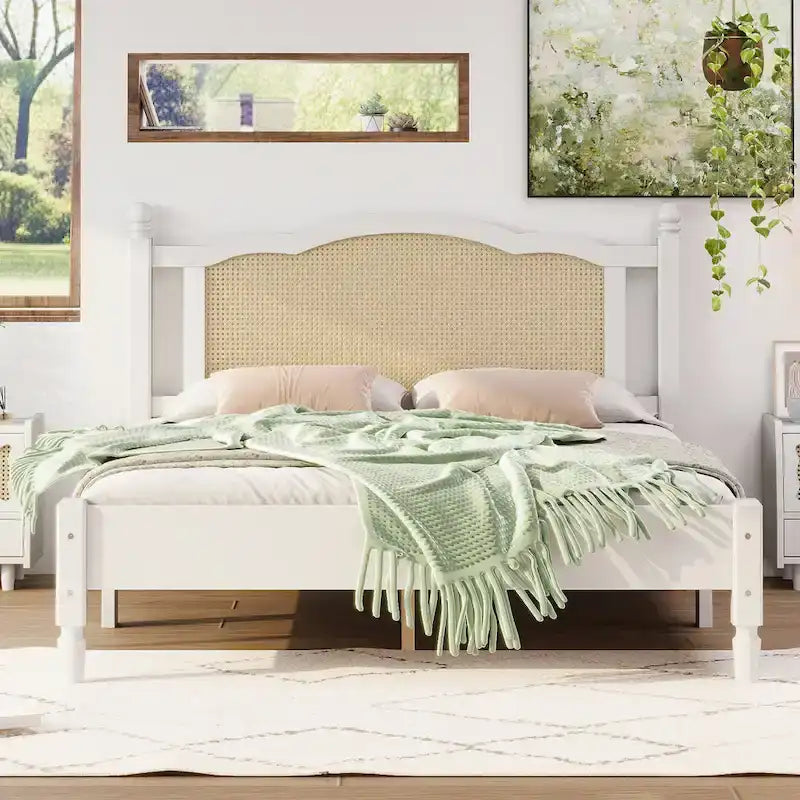 Queen Wood Platform Bed with Rattan Headboard & Arc Base