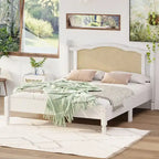 Queen Wood Platform Bed with Rattan Headboard & Arc Base