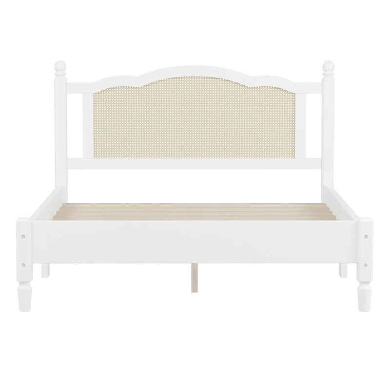 Queen Wood Platform Bed with Rattan Headboard & Arc Base
