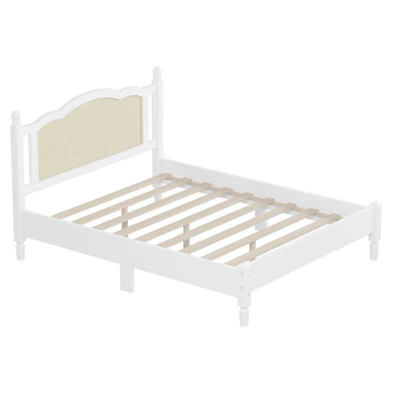 Queen Wood Platform Bed with Rattan Headboard & Arc Base
