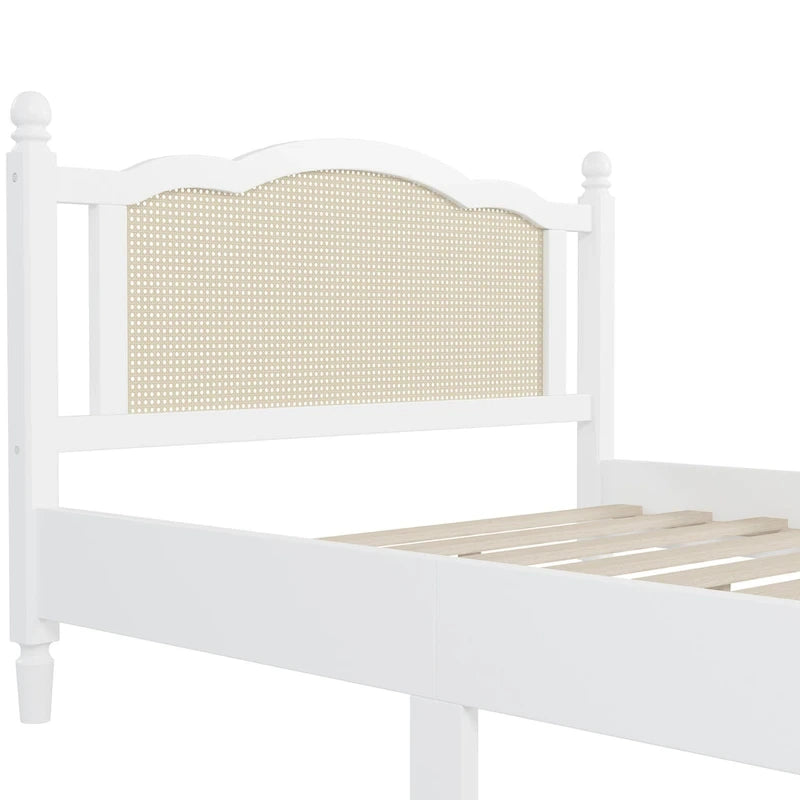 Queen Wood Platform Bed with Rattan Headboard & Arc Base