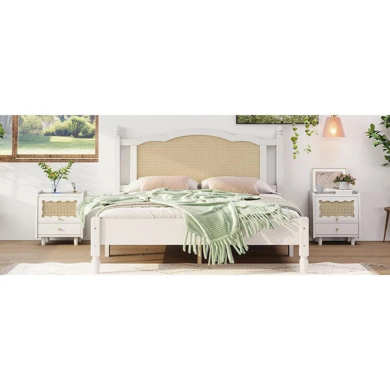 Queen Wood Platform Bed with Rattan Headboard & Arc Base