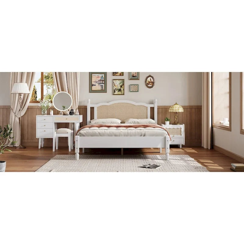 Queen Wood Platform Bed with Rattan Headboard & Arc Base