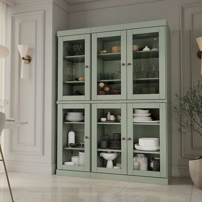 100% Solid Wood 48.5Pantry China Cabinet with Clear Glass Doors and Adjustable Shelves