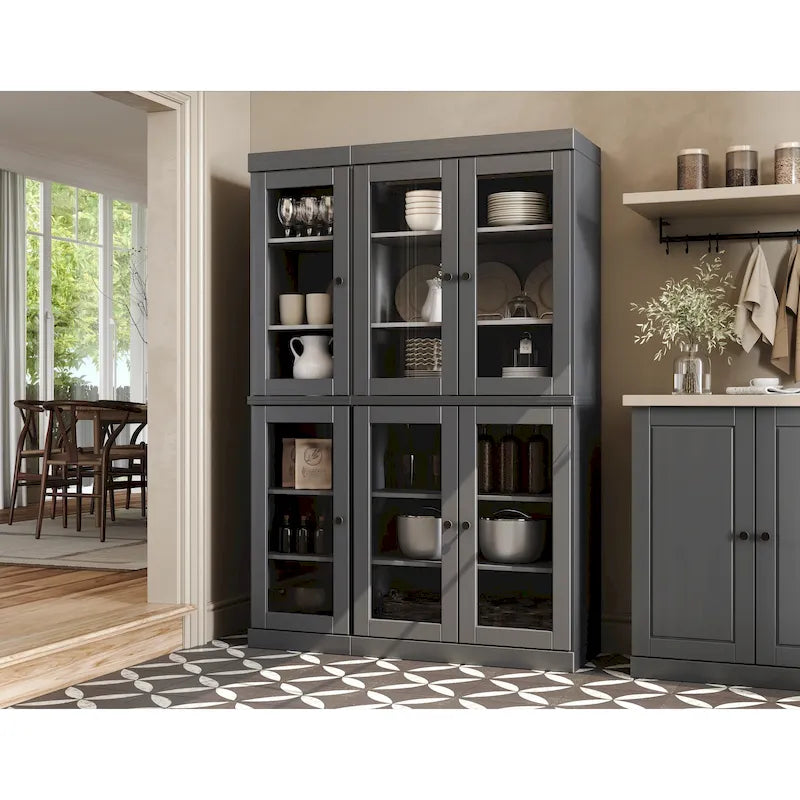 100% Solid Wood 48.5Pantry China Cabinet with Clear Glass Doors and Adjustable Shelves