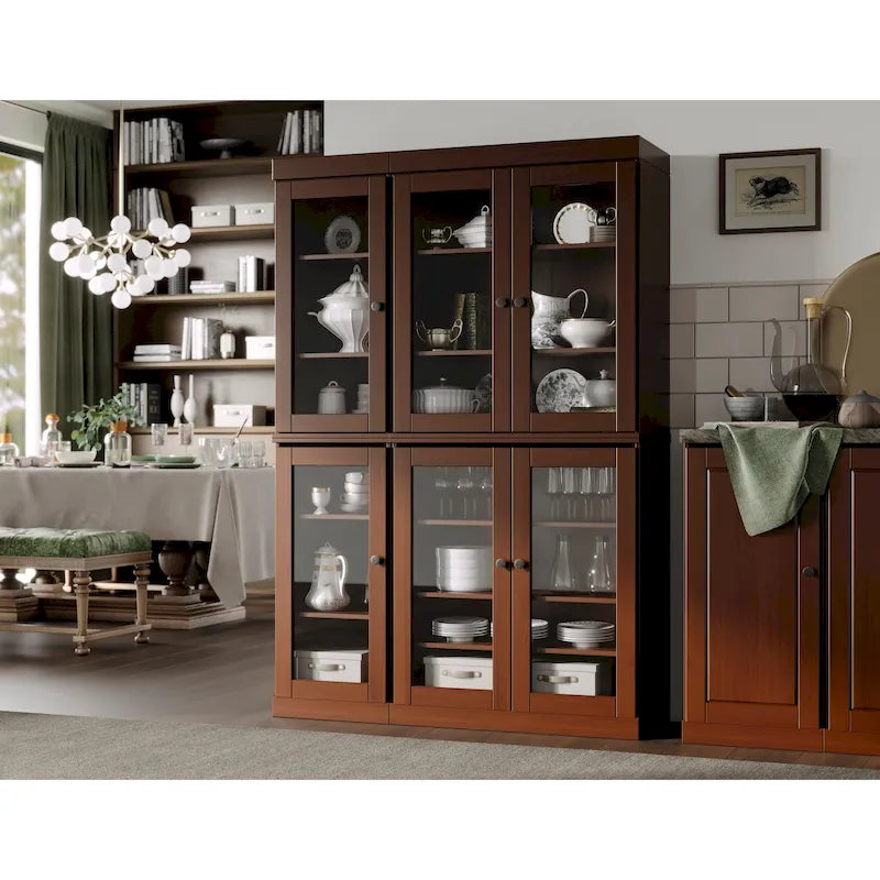 100% Solid Wood 48.5Pantry China Cabinet with Clear Glass Doors and Adjustable Shelves
