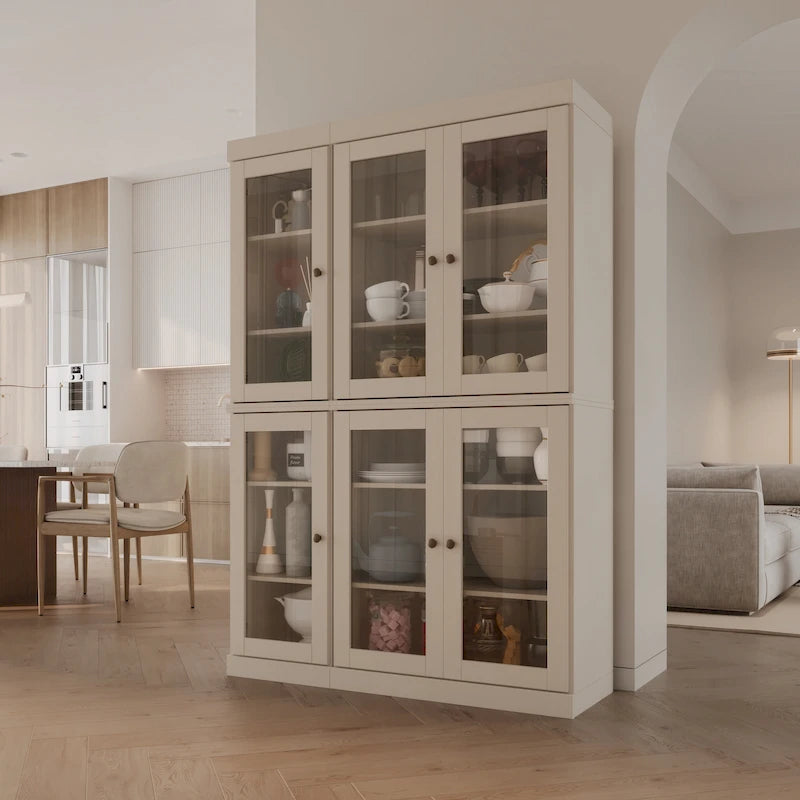 100% Solid Wood 48.5Pantry China Cabinet with Clear Glass Doors and Adjustable Shelves