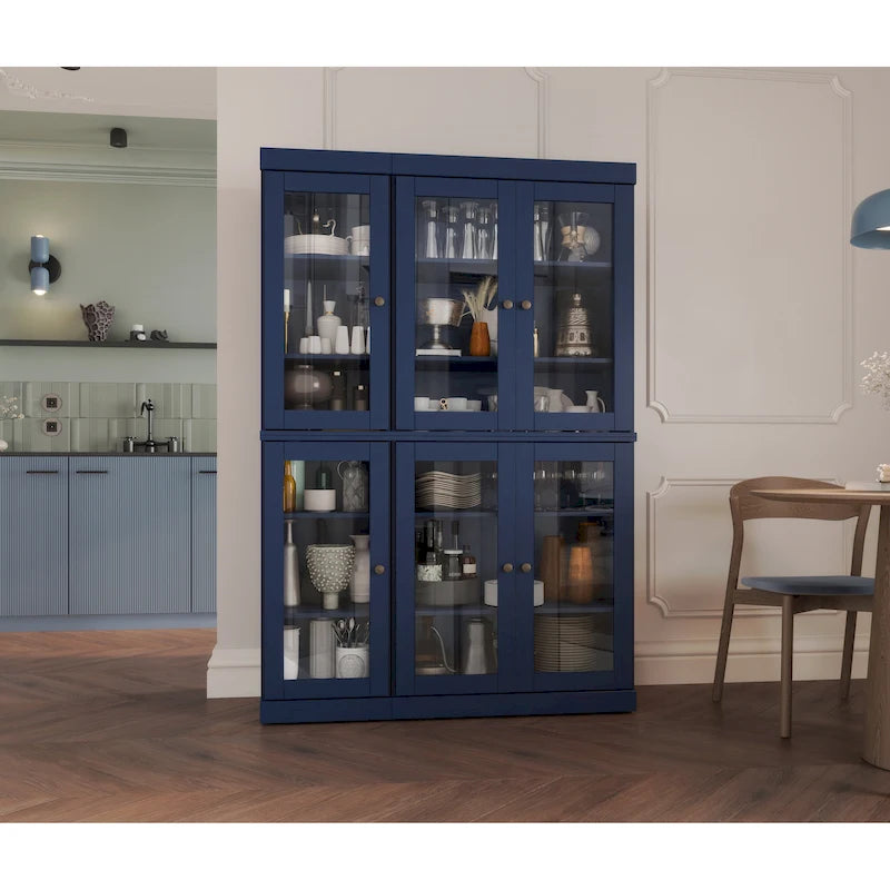 100% Solid Wood 48.5Pantry China Cabinet with Clear Glass Doors and Adjustable Shelves