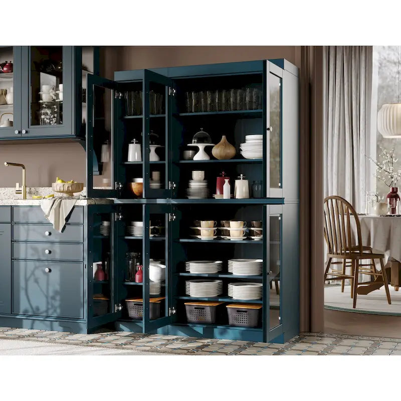 100% Solid Wood 48.5Pantry China Cabinet with Clear Glass Doors and Adjustable Shelves