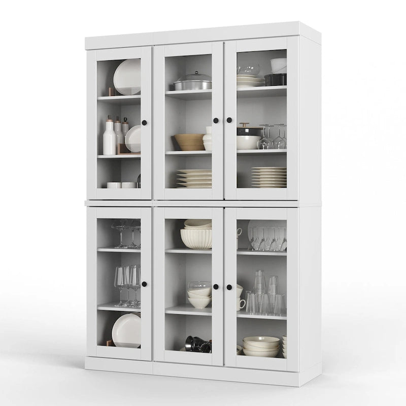 100% Solid Wood 48.5Pantry China Cabinet with Clear Glass Doors and Adjustable Shelves