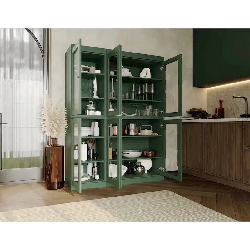 100% Solid Wood 48.5Pantry China Cabinet with Clear Glass Doors and Adjustable Shelves