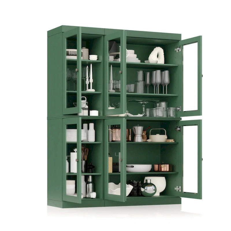 100% Solid Wood 48.5Pantry China Cabinet with Clear Glass Doors and Adjustable Shelves
