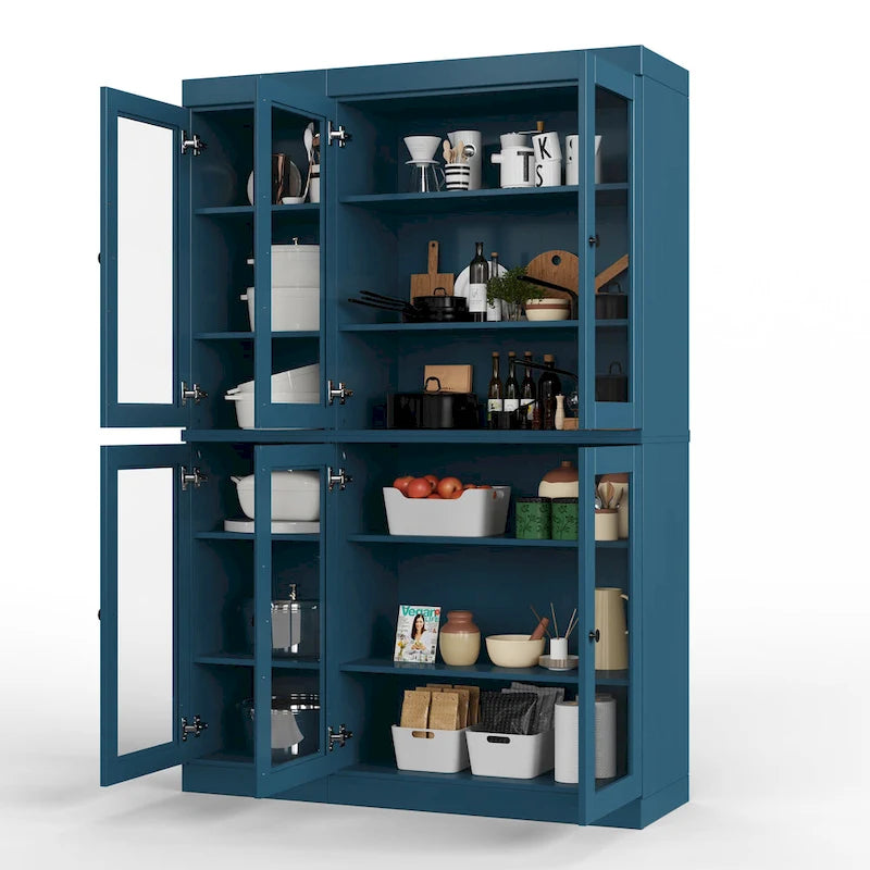 100% Solid Wood 48.5Pantry China Cabinet with Clear Glass Doors and Adjustable Shelves