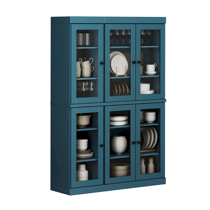 100% Solid Wood 48.5Pantry China Cabinet with Clear Glass Doors and Adjustable Shelves