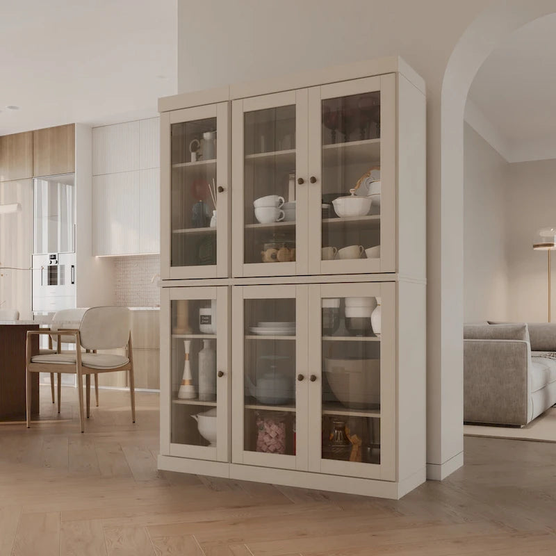 100% Solid Wood 48.5Pantry China Cabinet with Clear Glass Doors and Adjustable Shelves