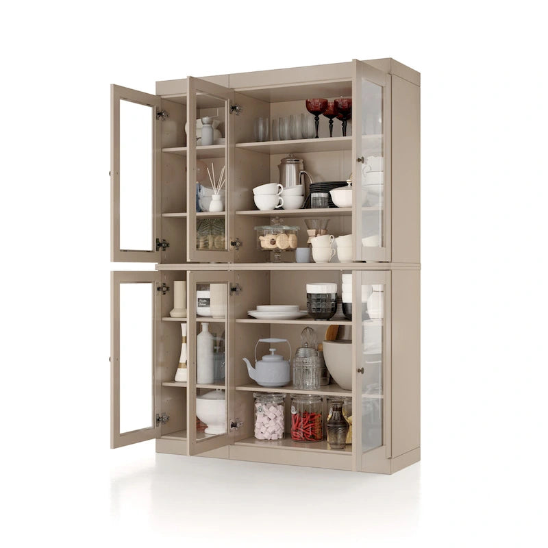 100% Solid Wood 48.5Pantry China Cabinet with Clear Glass Doors and Adjustable Shelves