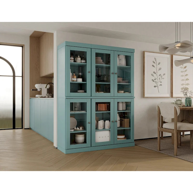 100% Solid Wood 48.5Pantry China Cabinet with Clear Glass Doors and Adjustable Shelves