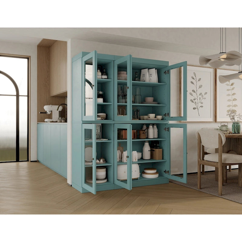 100% Solid Wood 48.5Pantry China Cabinet with Clear Glass Doors and Adjustable Shelves