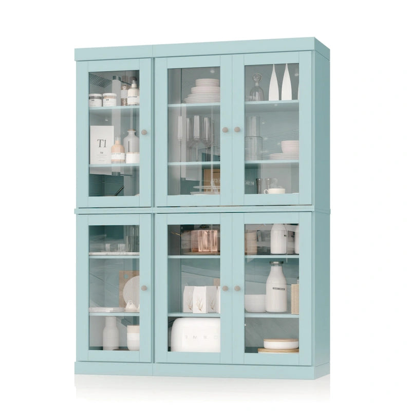 100% Solid Wood 48.5Pantry China Cabinet with Clear Glass Doors and Adjustable Shelves