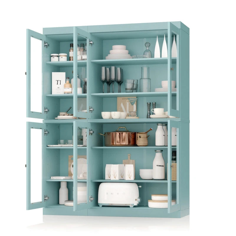 100% Solid Wood 48.5Pantry China Cabinet with Clear Glass Doors and Adjustable Shelves