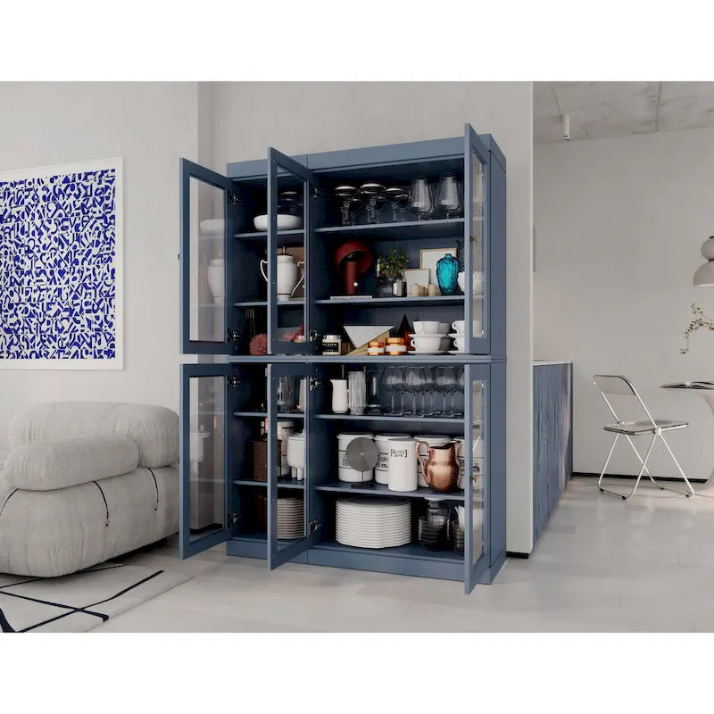 100% Solid Wood 48.5Pantry China Cabinet with Clear Glass Doors and Adjustable Shelves