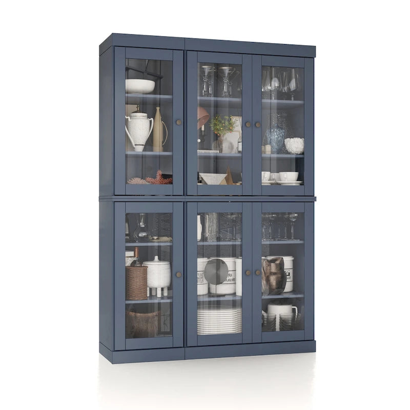 100% Solid Wood 48.5Pantry China Cabinet with Clear Glass Doors and Adjustable Shelves