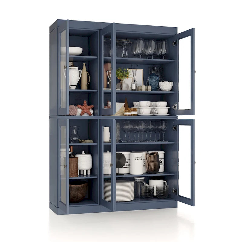 100% Solid Wood 48.5Pantry China Cabinet with Clear Glass Doors and Adjustable Shelves