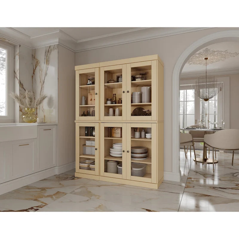 100% Solid Wood 48.5Pantry China Cabinet with Clear Glass Doors and Adjustable Shelves