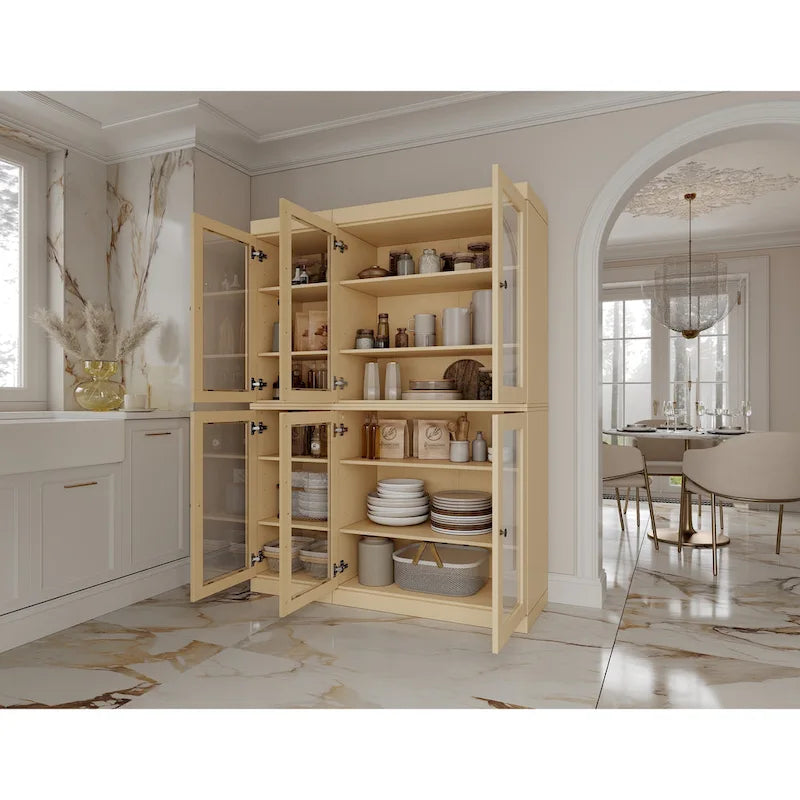 100% Solid Wood 48.5Pantry China Cabinet with Clear Glass Doors and Adjustable Shelves