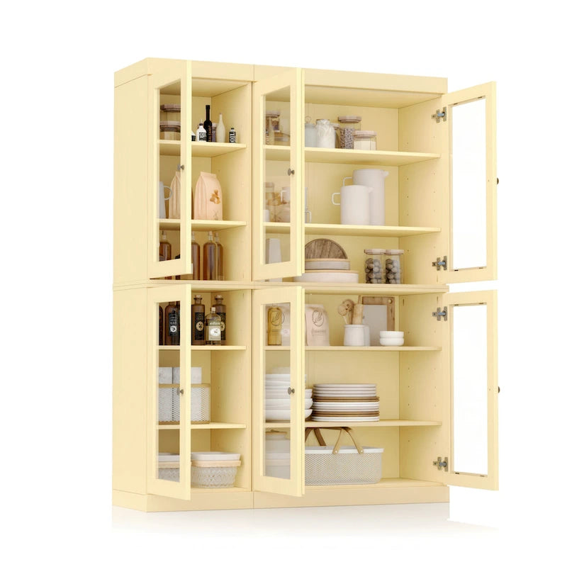 100% Solid Wood 48.5Pantry China Cabinet with Clear Glass Doors and Adjustable Shelves