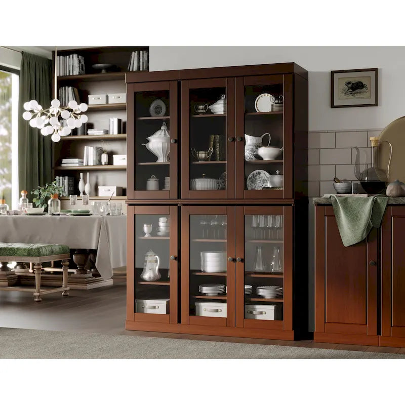 100% Solid Wood 48.5Pantry China Cabinet with Clear Glass Doors and Adjustable Shelves