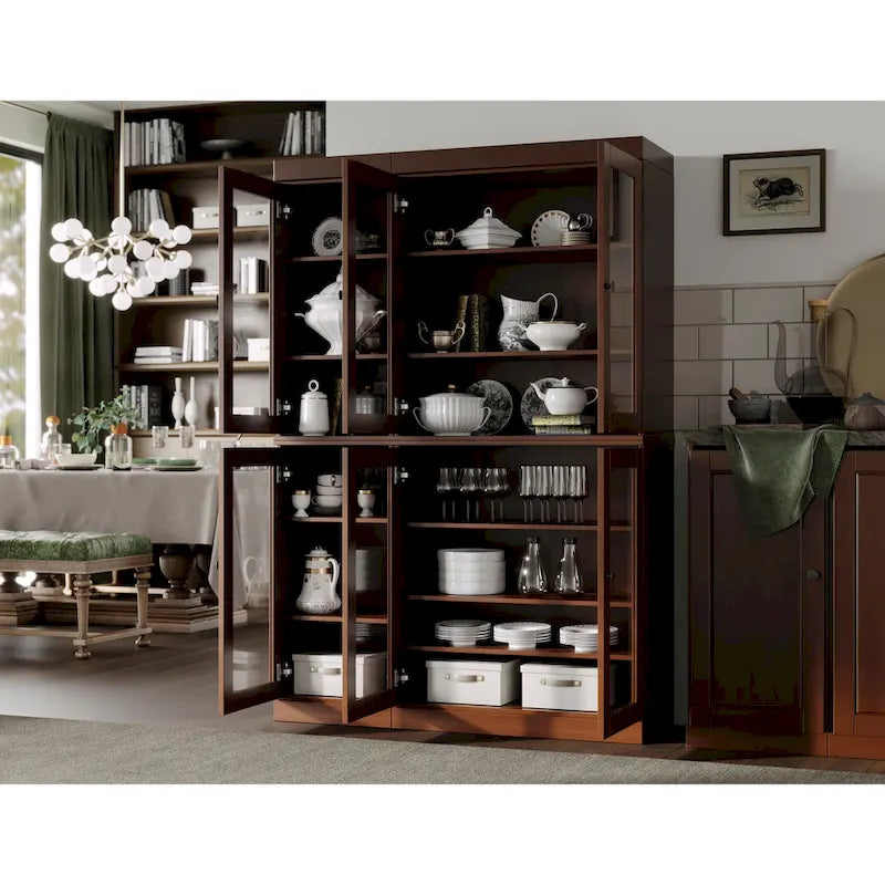 100% Solid Wood 48.5Pantry China Cabinet with Clear Glass Doors and Adjustable Shelves