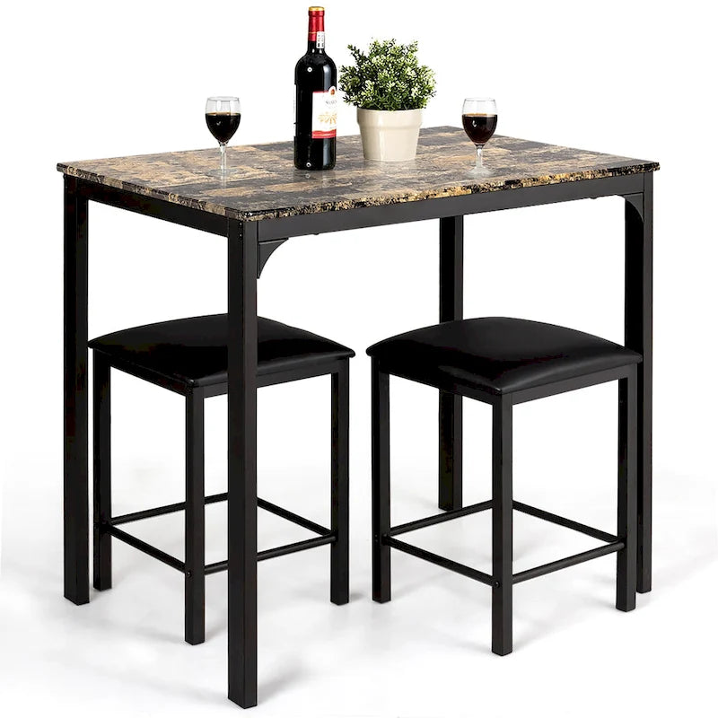 3 Piece Counter Height Dining Set Faux Marble Table 2 Chairs