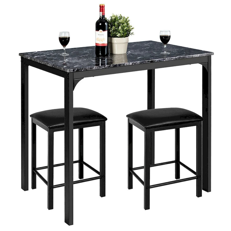 3 Piece Counter Height Dining Set Faux Marble Table 2 Chairs