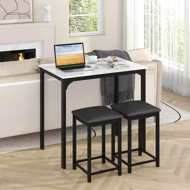 3 Piece Counter Height Dining Set Faux Marble Table 2 Chairs