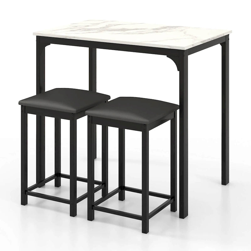 3 Piece Counter Height Dining Set Faux Marble Table 2 Chairs