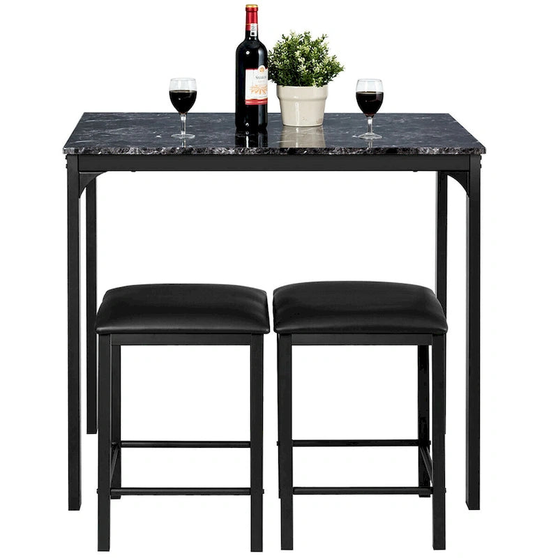 3 Piece Counter Height Dining Set Faux Marble Table 2 Chairs