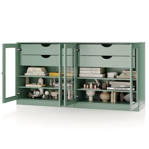  100% Solid Wood 64Sideboard with Clear Glass Doors, 4-Drawers and Adjustable Shelves