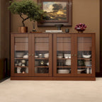 100% Solid Wood 64Sideboard with Clear Glass Doors, 4-Drawers and Adjustable Shelves