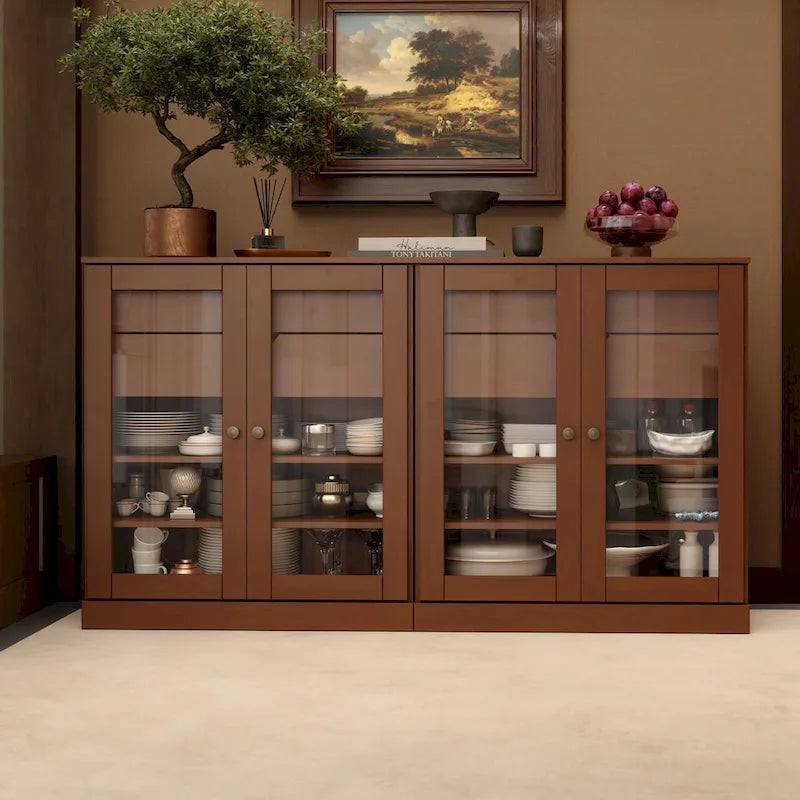 100% Solid Wood 64Sideboard with Clear Glass Doors, 4-Drawers and Adjustable Shelves