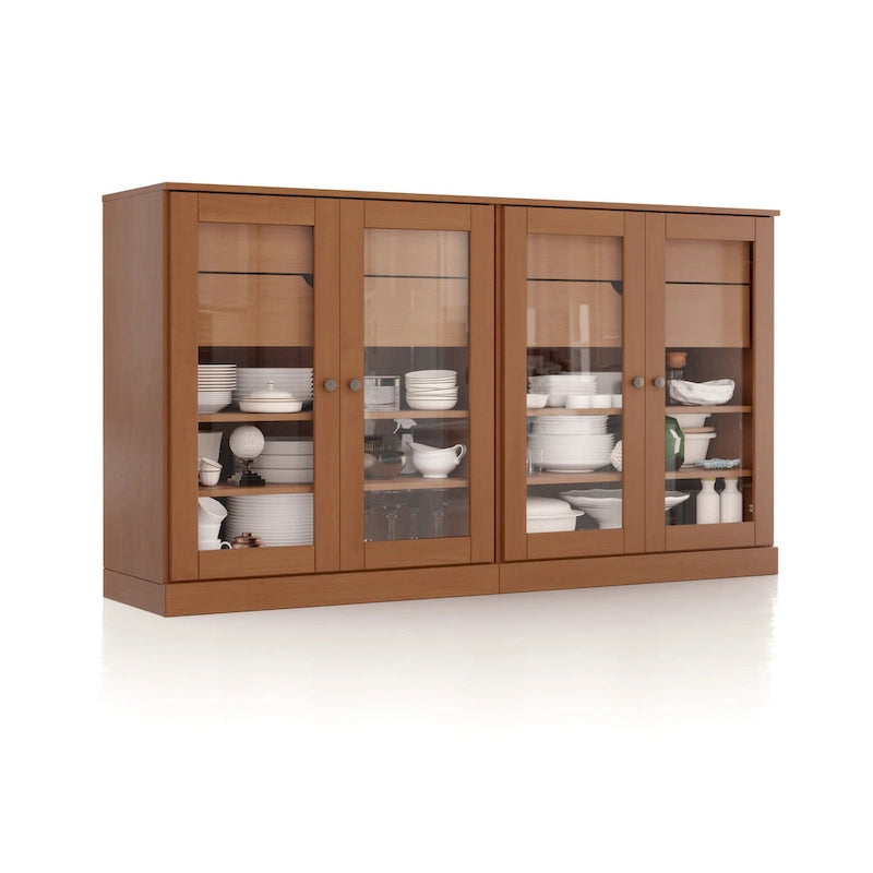 100% Solid Wood 64Sideboard with Clear Glass Doors, 4-Drawers and Adjustable Shelves