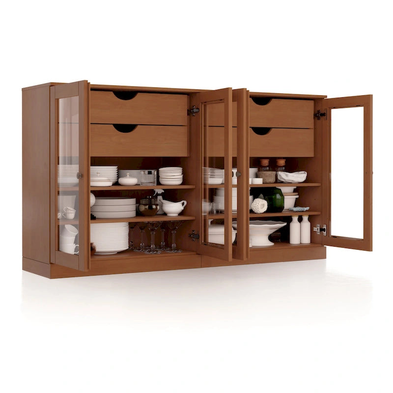 100% Solid Wood 64Sideboard with Clear Glass Doors, 4-Drawers and Adjustable Shelves